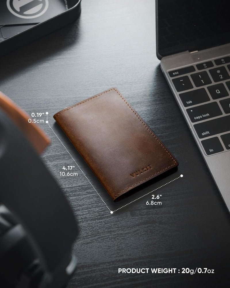 VULKIT حامل بطاقات العمل من الجلد الأصلي ذو جانبين نحيف منظم لبطاقات العمل للرجال أو النساء، يحمل حتى 20 بطاقة (بني داكن أصلي) - Image 5